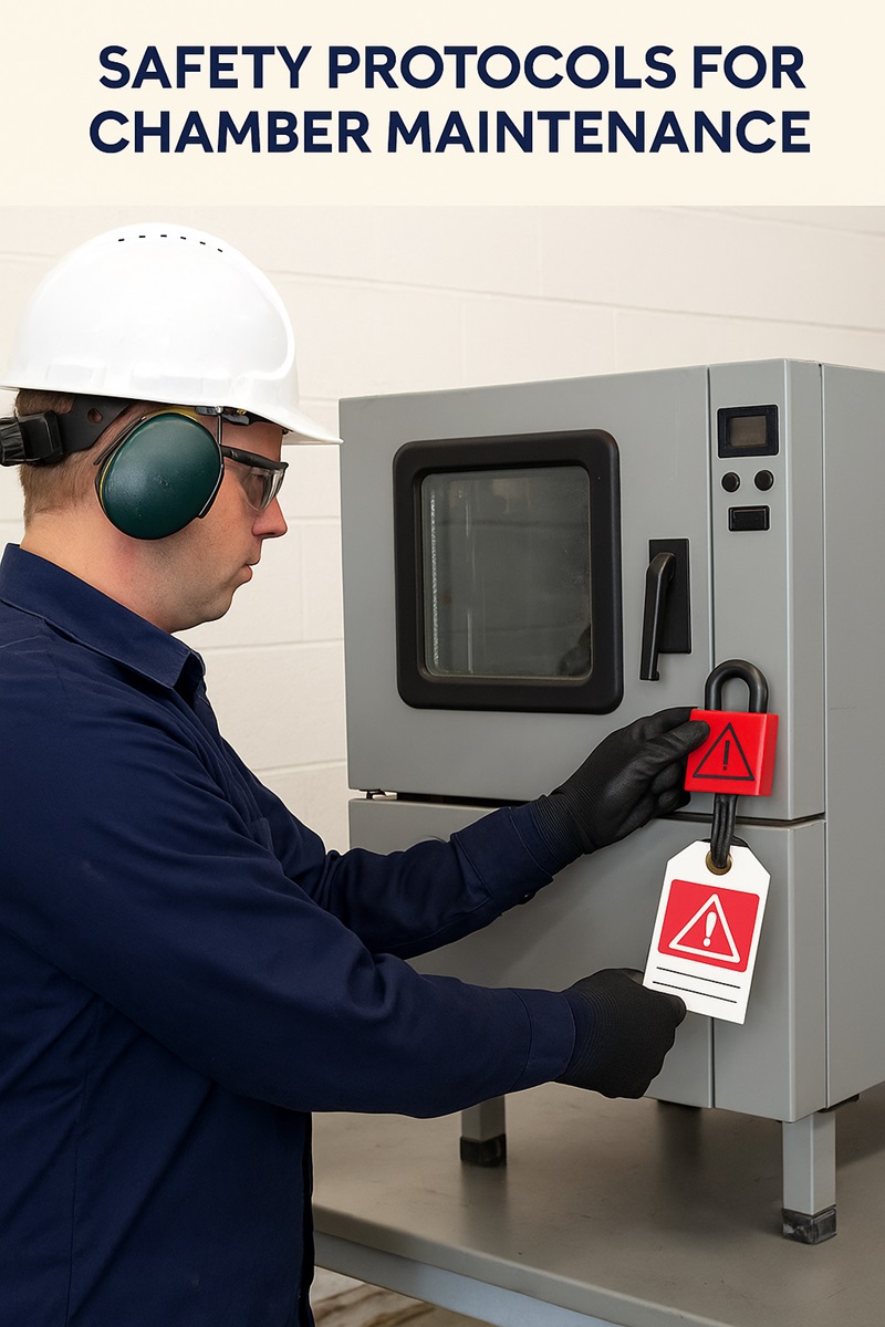 Safety Protocols for Chamber Maintenance”
Alt Text: “Technician following PPE and lock-out procedures while servicing an environmental test chamber.