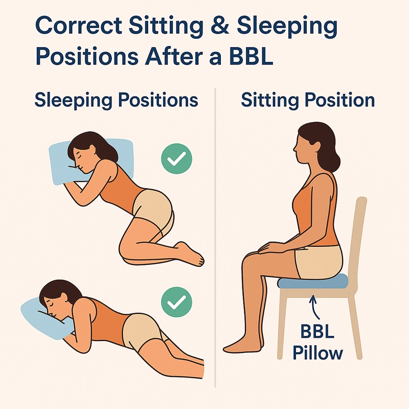 Visual guide showing safe BBL recovery positions, including side/stomach sleeping and sitting with a BBL pillow to avoid buttock pressure.