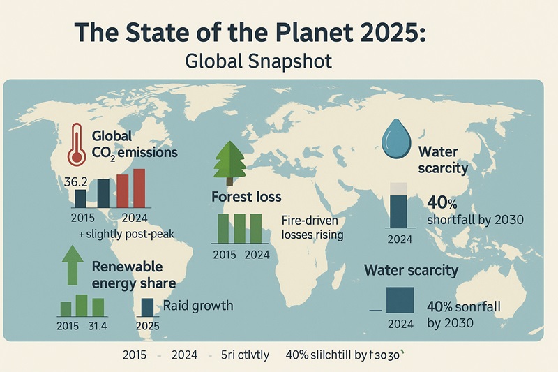 Infographic summarizing global environmental indicators for 2025 — showing slight progress in renewables but ongoing crises in plastic waste, forest loss, and water scarcity.