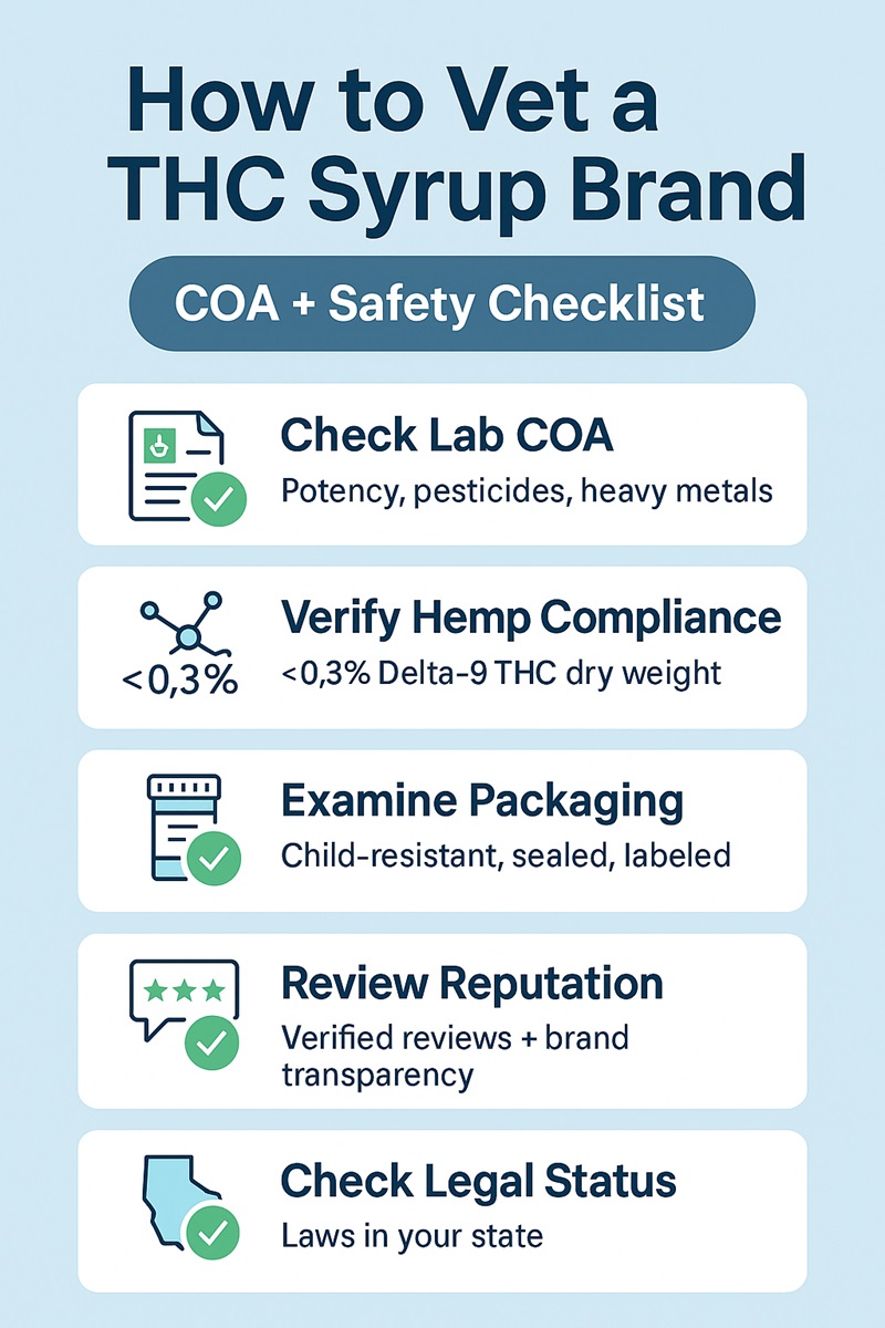 Step-by-step infographic showing how to choose a safe, lab-tested THC syrup brand.