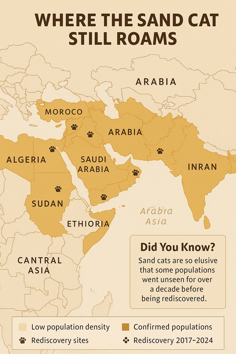 Infographic map showing global sand cat distribution across North Africa, Arabia, and Central Asia, with rediscovery sites highlighted.