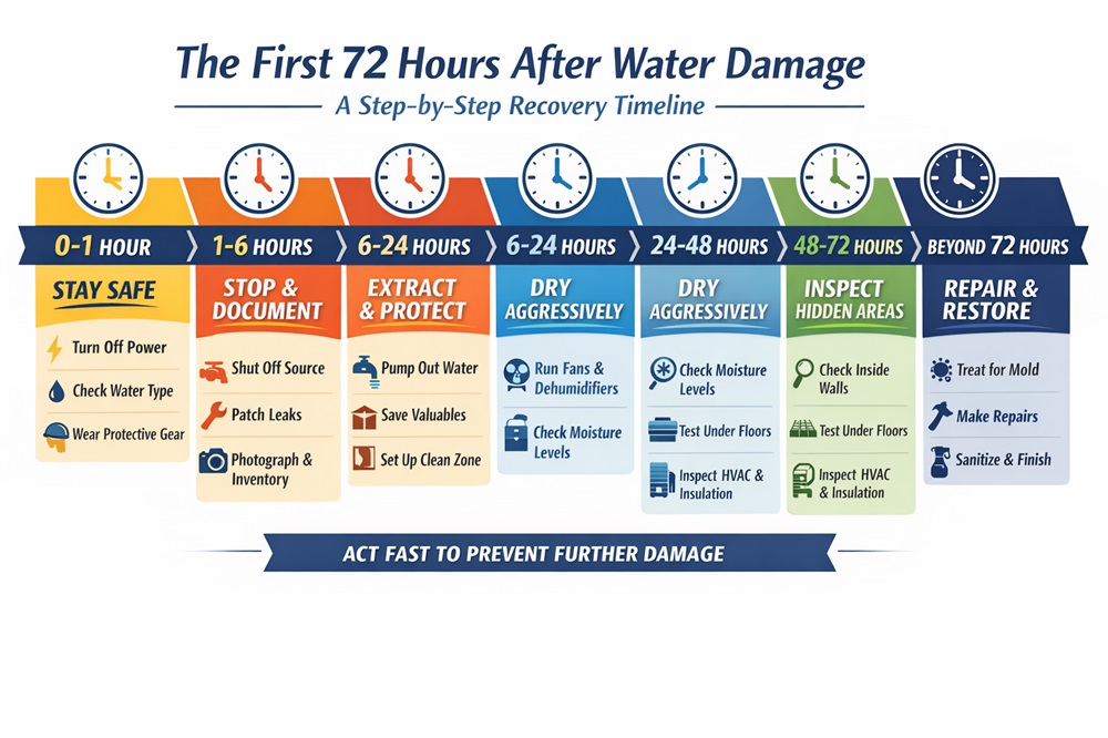 A horizontal or vertical timeline that shows what must happen in the critical first 72 hours after indoor flooding.