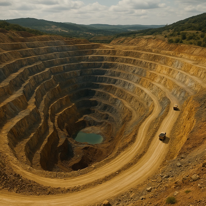 Large-scale mining site illustrating the environmental footprint of newly extracted diamonds and precious metals.