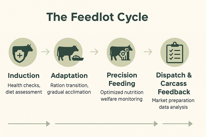 Infographic showing the feedlot cycle from induction to dispatch, including health checks, ration transitions, precision feeding, welfare monitoring, and carcass data feedback.