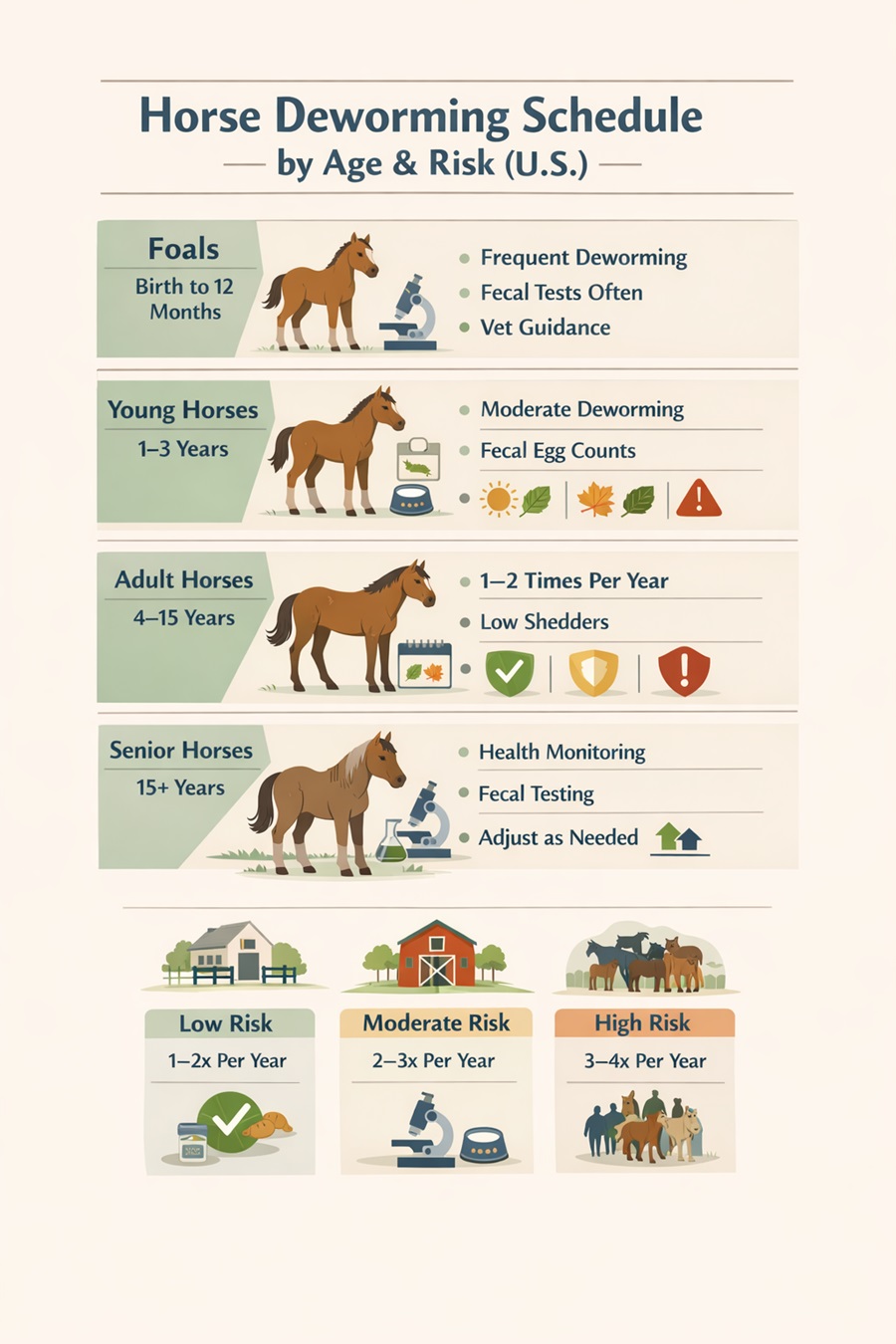 Infográfico do cronograma de desparasitação de cavalos mostrando a frequência de desparasitação de potros, cavalos jovens, cavalos adultos e cavalos idosos nos Estados Unidos com base na idade e no risco de parasitas.