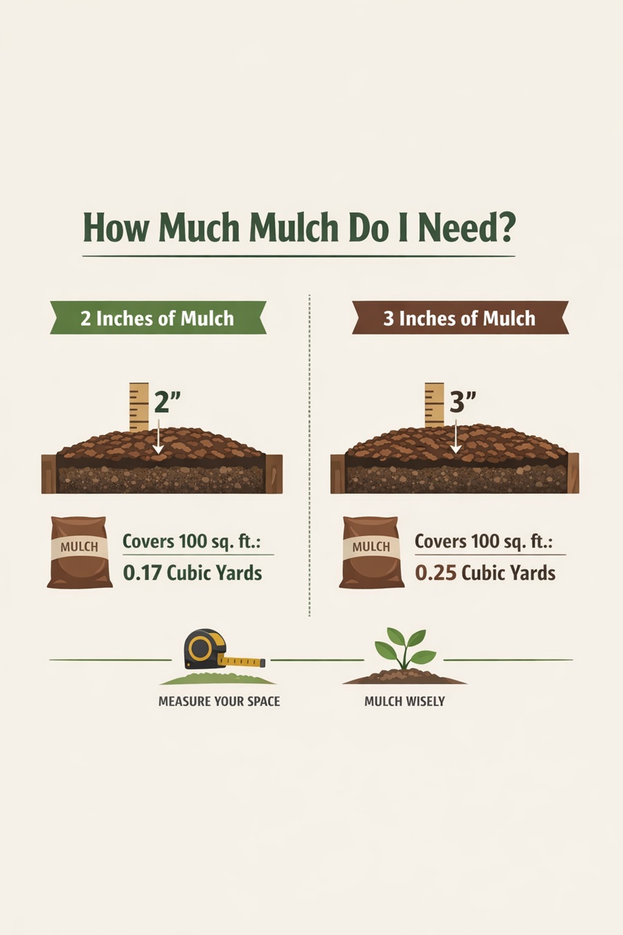Infographic showing how much mulch is needed per 100 square feet at 2 inches and 3 inches depth for garden beds and landscaping.