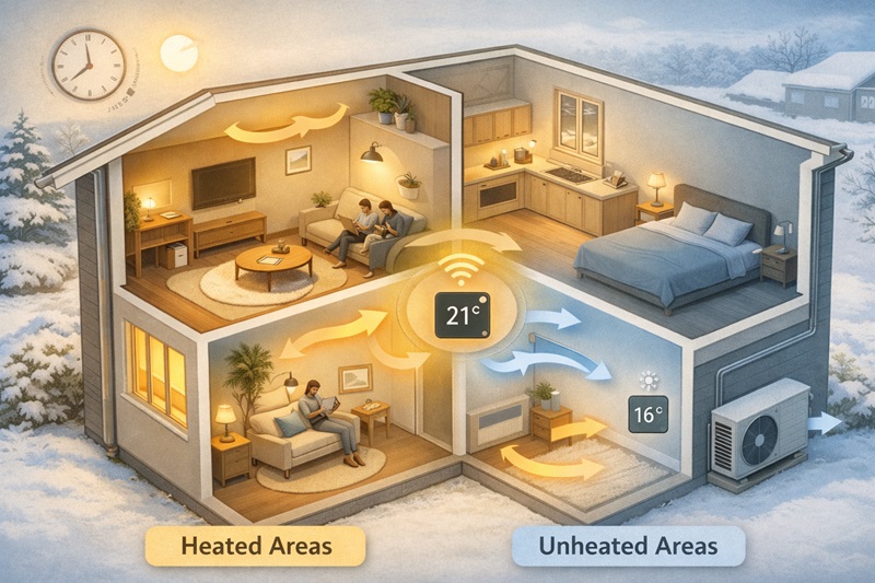 Illustration of a zoned home heating system warming only occupied rooms to reduce energy waste.