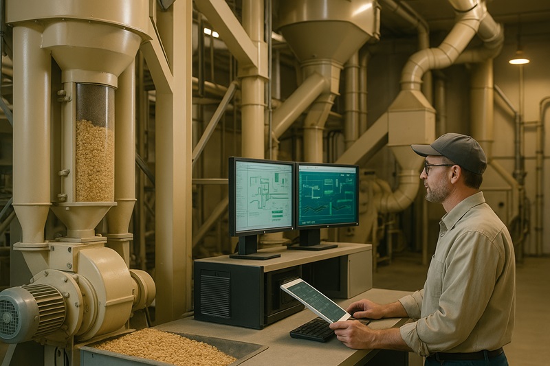 A high-detail editorial photograph of a modern feedlot feed mill interior, showing steam-flaking equipment, grain processing machinery, and a nutritionist or technician checking digital screens. Subtle warm lighting, clean industrial aesthetic.