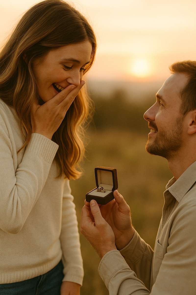 Couple using a vintage engagement ring during an outdoor proposal, symbolizing sustainable wedding choices.