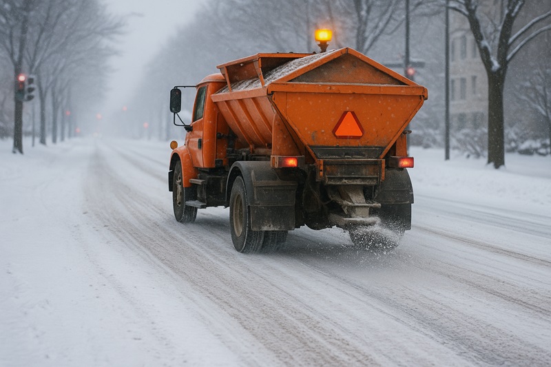 Municipal truck spreading ice melt salt on a snow-covered winter road.