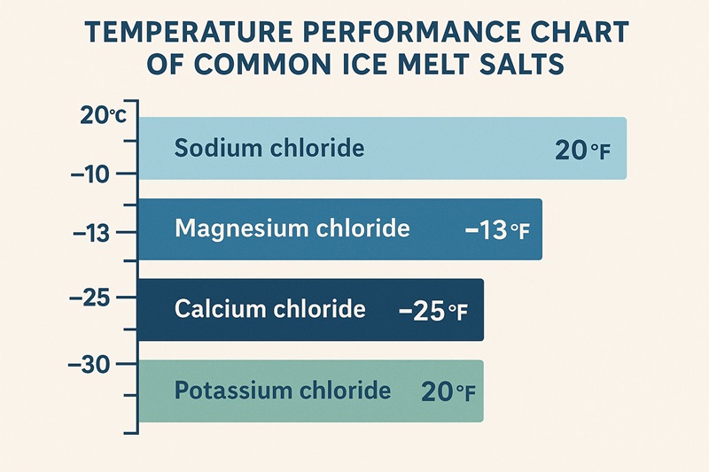 Temperature comparison chart showing the lowest effective temperatures of different ice melt salts.
