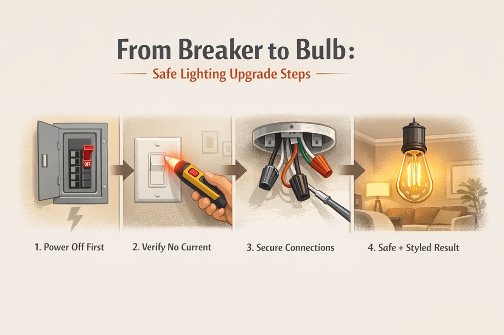 Step-by-step illustration showing safe lighting upgrades from turning off the breaker to installing decorative bulbs.