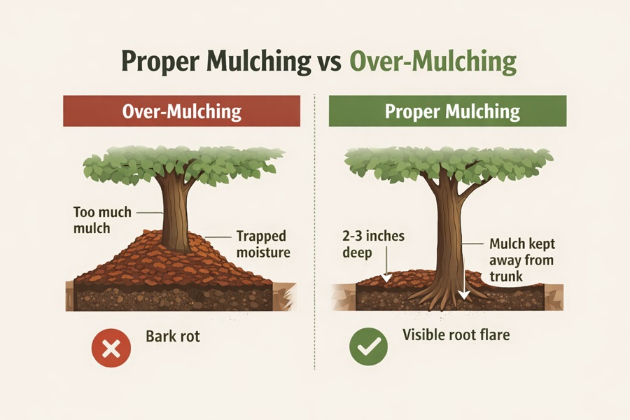 Diagram comparing over-mulching versus proper mulching around a tree, showing correct mulch depth and spacing from the trunk.
