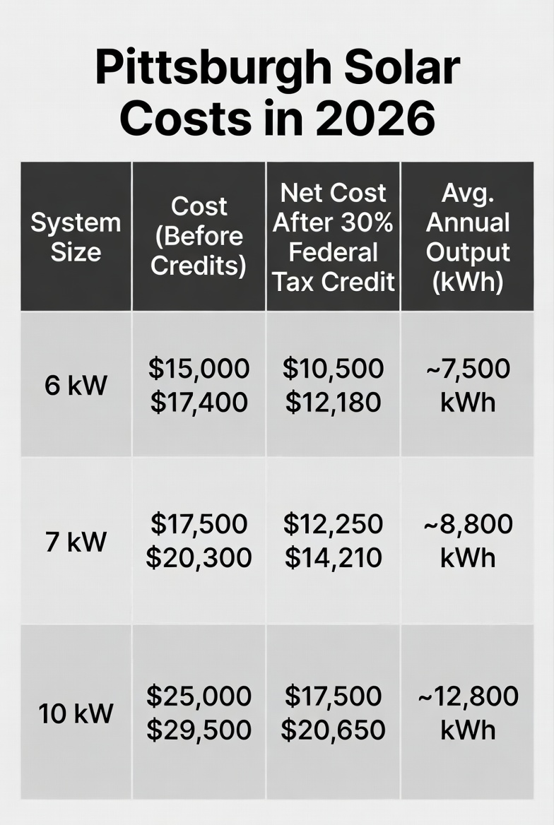 Infographic-style image showing the cost of solar panels in Pittsburgh, including system size, installation pricing, and average annual energy output.