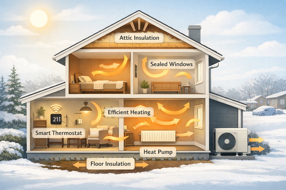 Illustrated cutaway of an energy-efficient home showing insulation, modern heating, smart controls, and reduced heat loss in 2026.