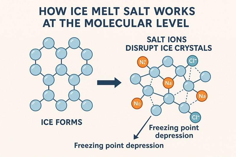Diagram showing how salt ions disrupt ice crystal formation through freezing point depression.
