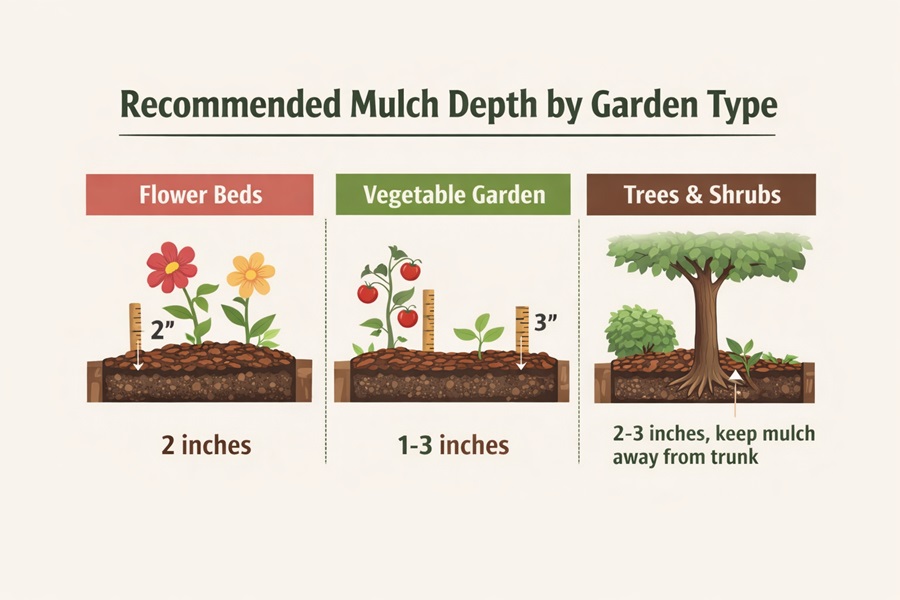 Infographic showing recommended mulch depth for flower beds, vegetable gardens, and trees to prevent over-mulching.