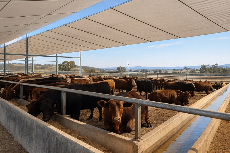 An editorial wildlife-agriculture photo showing cattle under large modern shade structures in an Australian feedlot. Include clean water troughs, dry footing, and good airflow. Soft sunlight, realistic textures, calm cattle behavior.