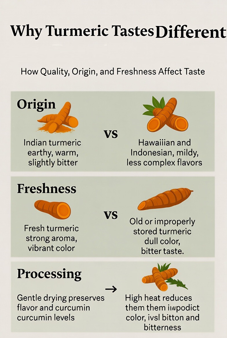 Infographic explaining how origin, quality, and freshness influence turmeric’s taste.