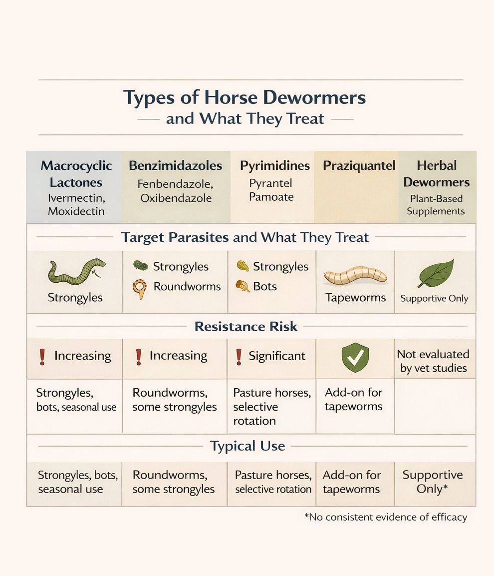 Diagram explaining the different types of horse dewormers, including ivermectin, fenbendazole, pyrantel, praziquantel, and herbal options, and the parasites they target.