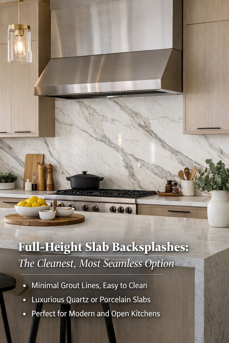 Full-Height Slab Backsplashes (The Cleanest Look Available)