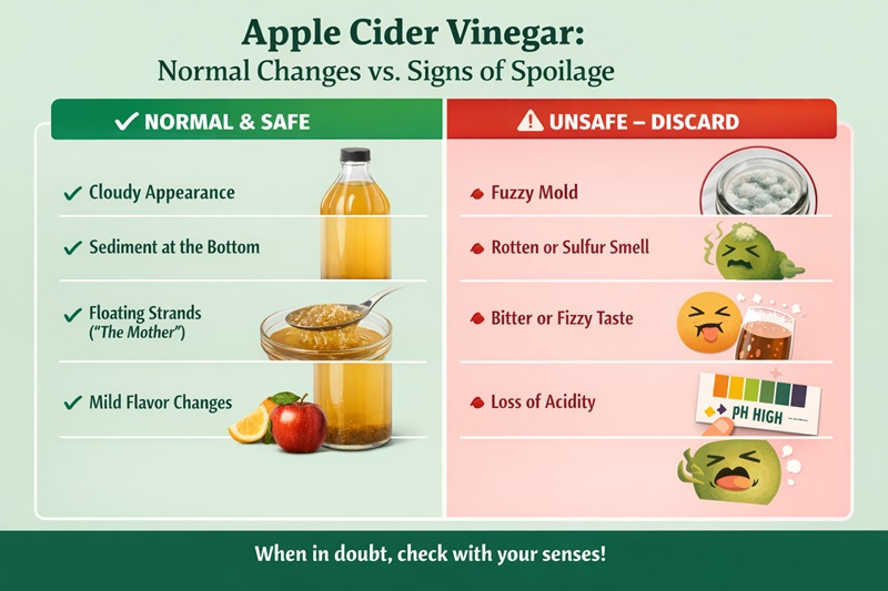 Infographic comparing normal, safe changes in apple cider vinegar—such as cloudiness, sediment at the bottom, floating strands from the mother, and mild flavor changes—with unsafe signs that require discarding, including fuzzy mold, rotten or sulfur smell, bitter or fizzy taste, and loss of acidity