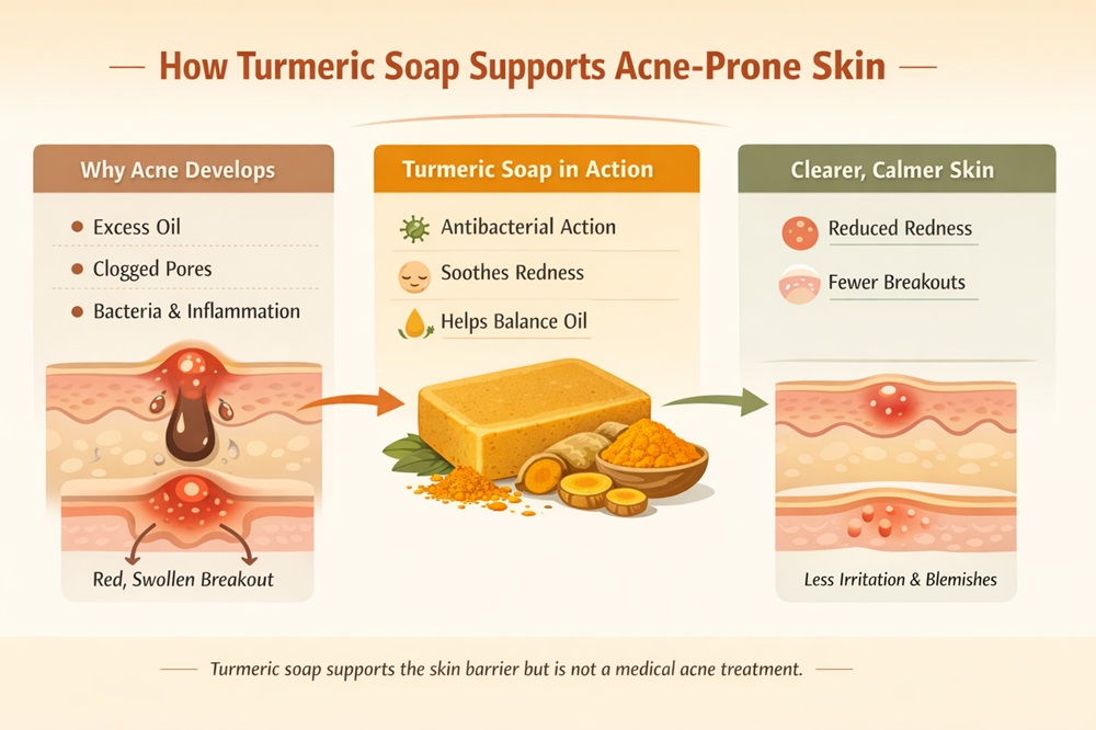Infographic showing how turmeric soap helps acne by reducing inflammation, balancing oil, and limiting acne-causing bacteria.