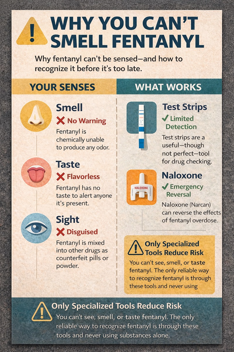 Infographic showing why fentanyl cannot be detected by smell, taste, or sight, and which tools actually reduce risk.