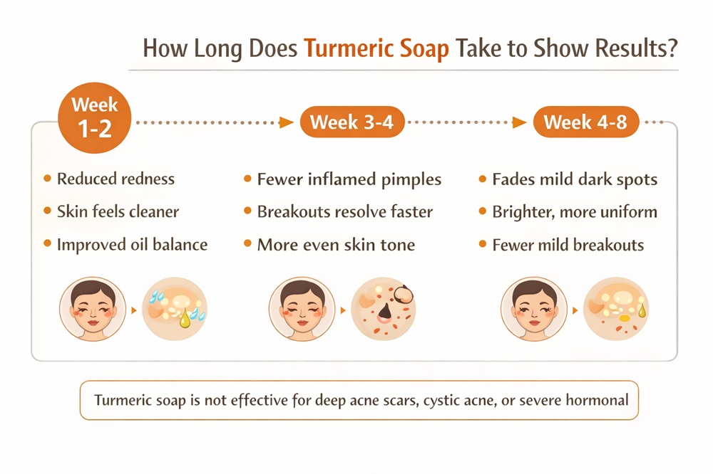 Timeline infographic showing expected turmeric soap results for acne, dark spots, and dull skin over 1 to 8 weeks.