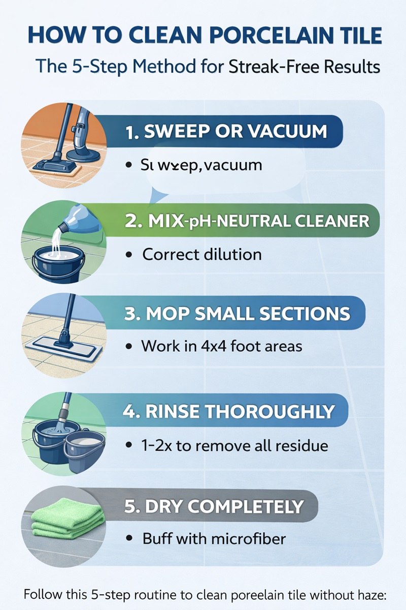 Infographic showing five steps to clean porcelain tile: sweep, mix pH-neutral cleaner, mop small sections, rinse, and dry to prevent streaks.