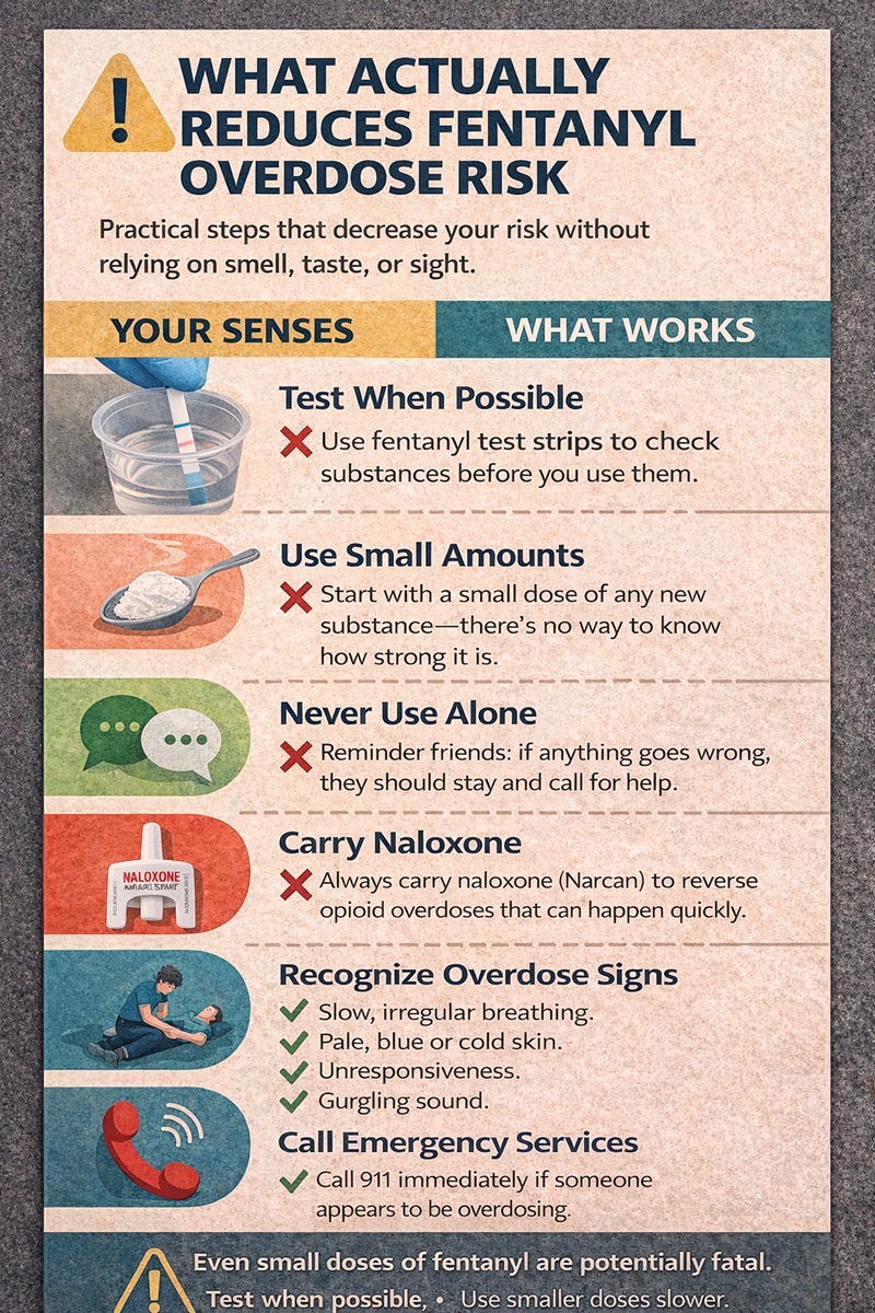 Infographic outlining practical steps that reduce fentanyl overdose risk, including naloxone and safer-use practices.