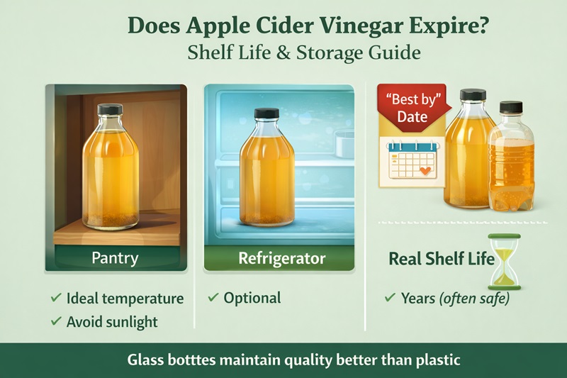 Infographic explaining apple cider vinegar shelf life and storage, showing pantry storage as ideal, refrigeration as optional, the difference between best-by dates and real shelf life, and how glass bottles preserve quality better than plastic bottles over long-term storage