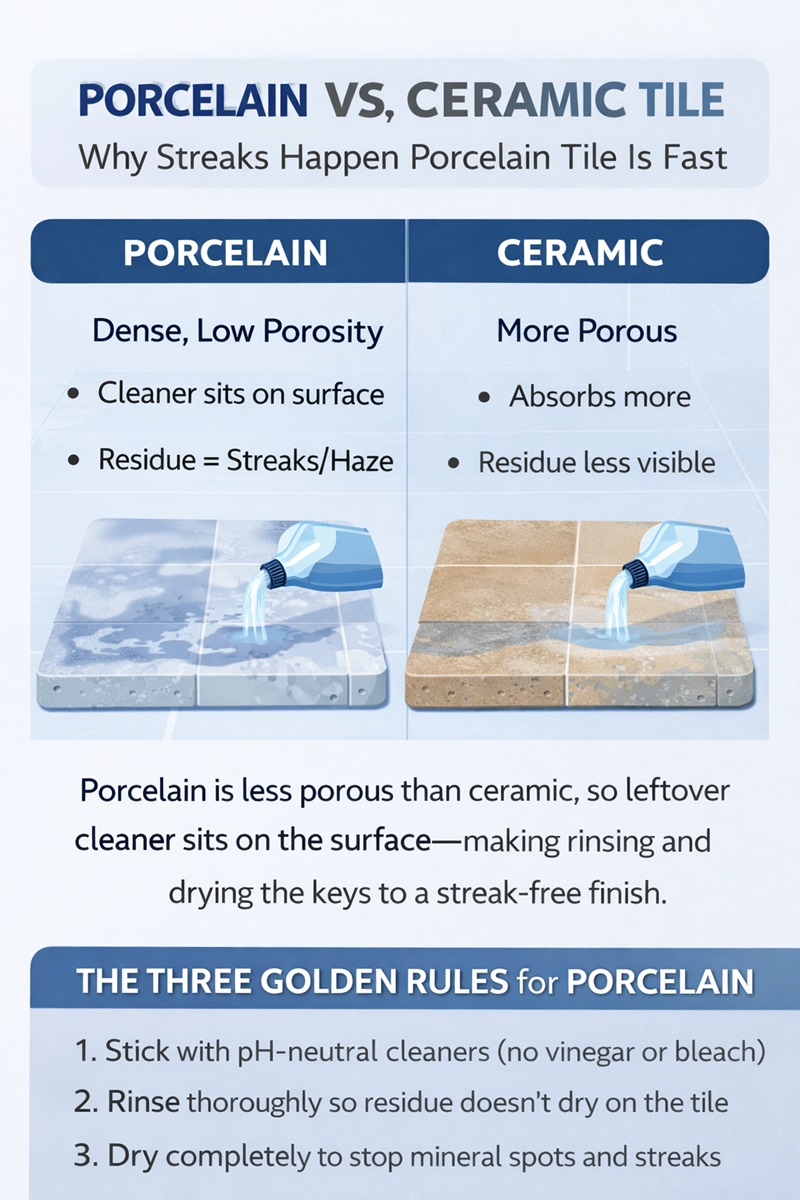 Side-by-side graphic comparing porcelain and ceramic tile, explaining how porcelain’s low porosity makes cleaner residue and streaks more visible.