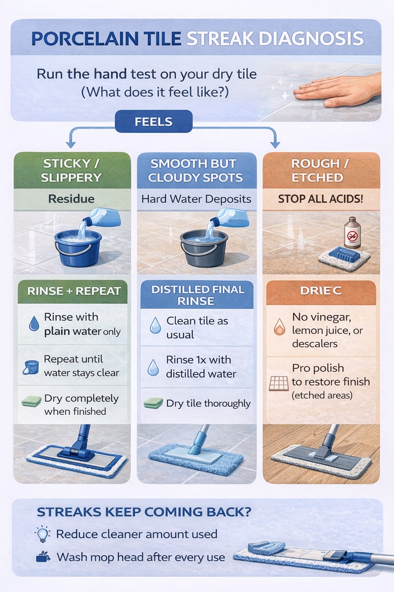 Decision-tree infographic for porcelain tile streaks and haze, using a touch test to identify residue, hard water deposits, or acid etching and the correct fix for each.