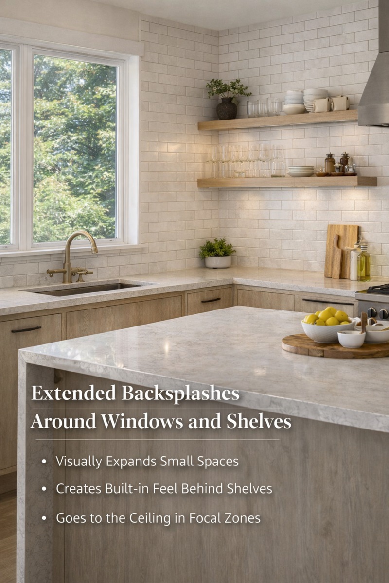 Extended Backsplashes Around Windows and Shelving
