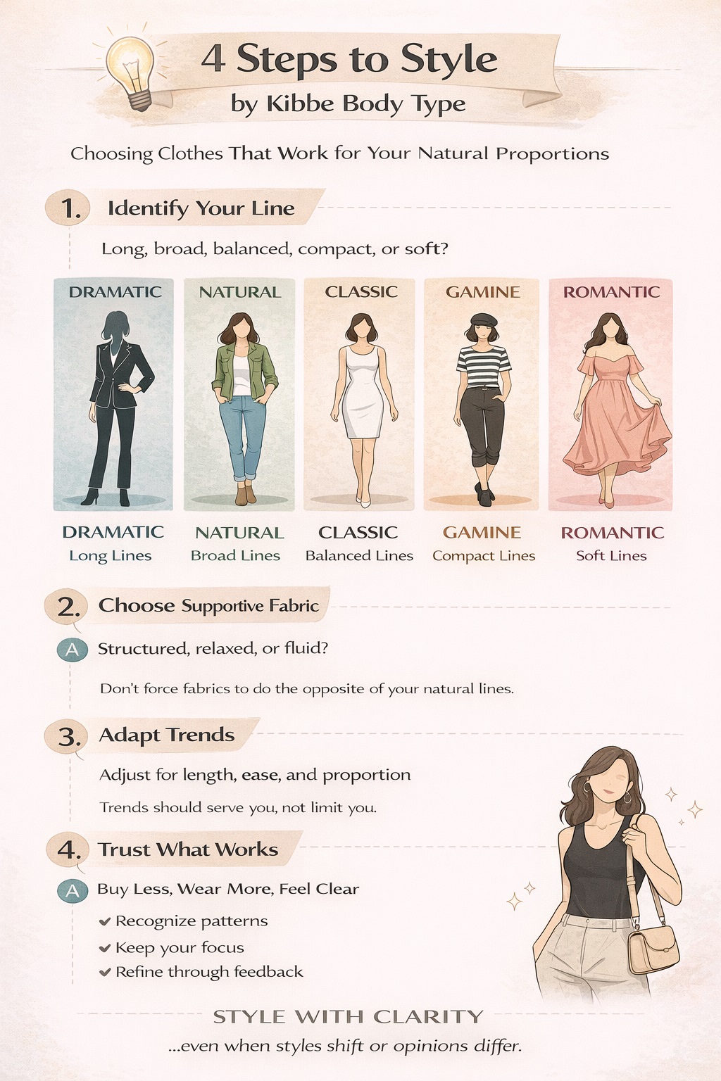 Checklist infographic showing steps to choose clothes based on body proportions