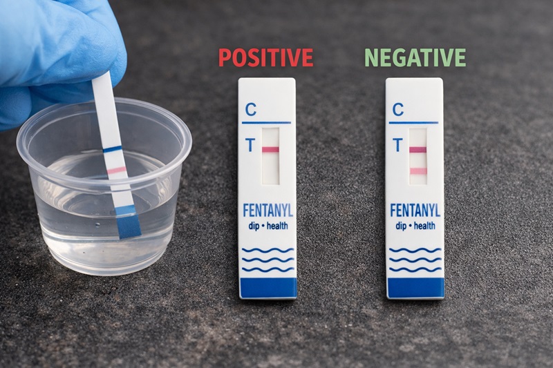 Fentanyl test strip showing positive and negative result lines used for drug checking