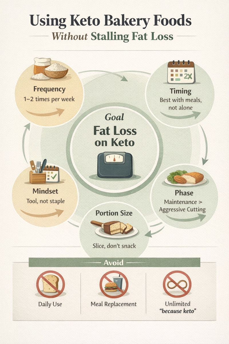 Infographic showing how to use Pota Keto Bakery foods in a fat-loss plan, including frequency, portion control, and timing.