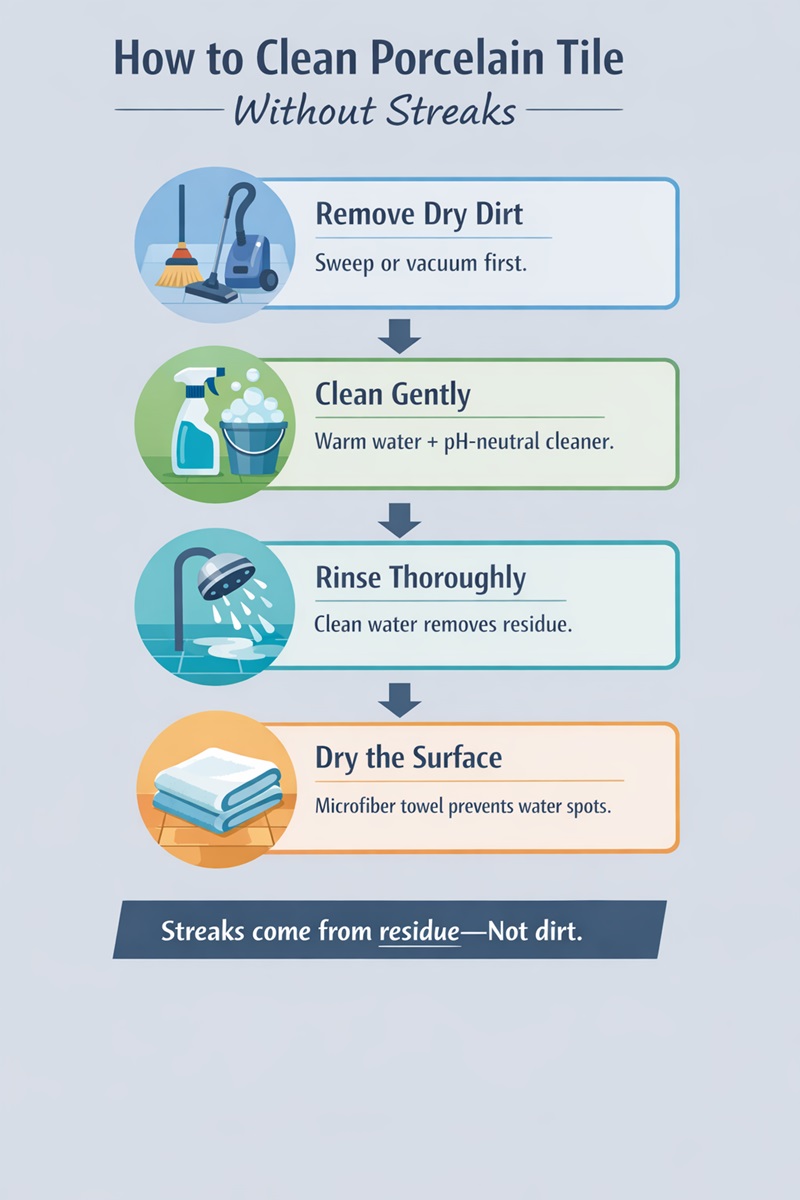 How to clean porcelain tile without streaks using a pH-neutral cleaner, proper rinsing, and microfiber drying.