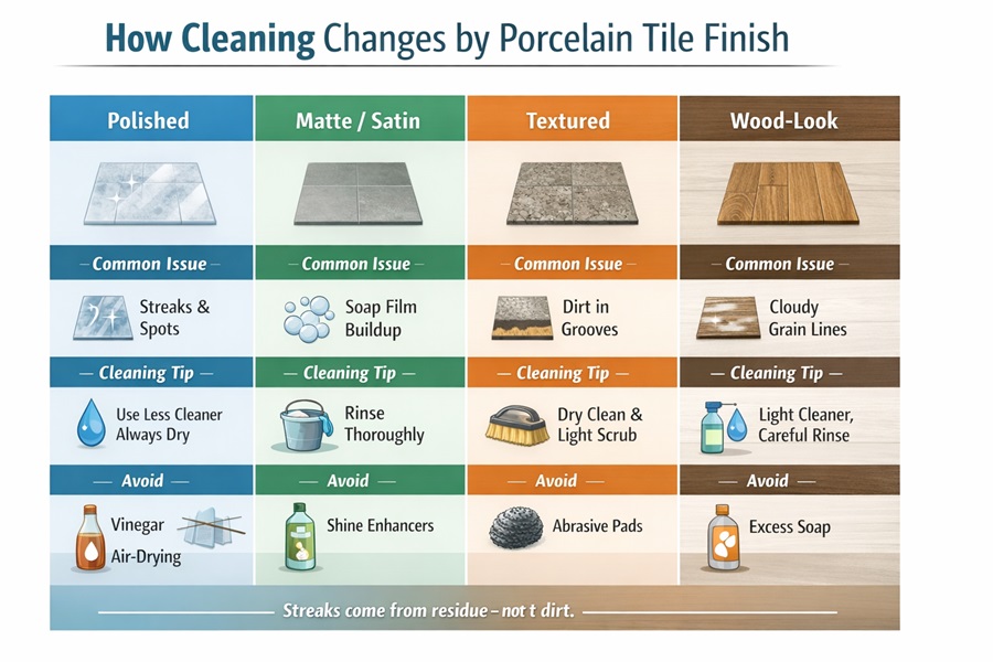 How cleaning methods differ for polished, matte, textured, and wood-look porcelain tile.
