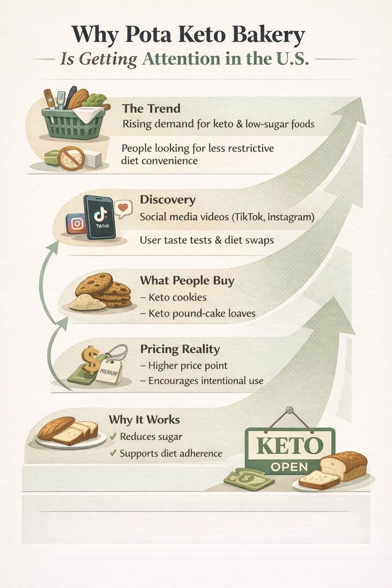 Infographic explaining the popularity of Pota Keto Bakery, including social media visibility, popular products, and pricing context.