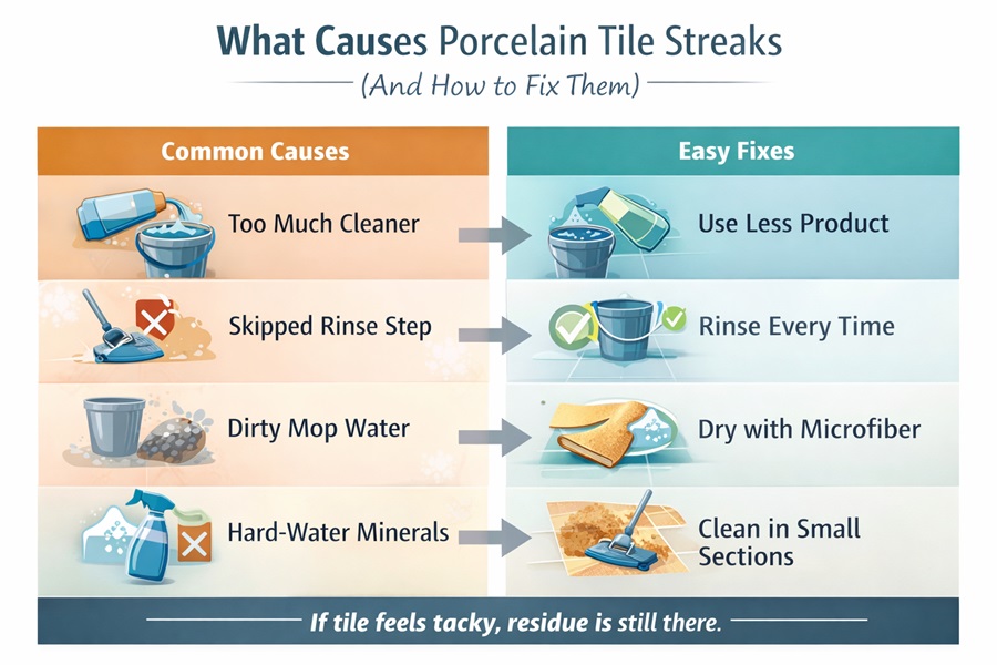 Common reasons porcelain tile floors look streaky and how to fix them.