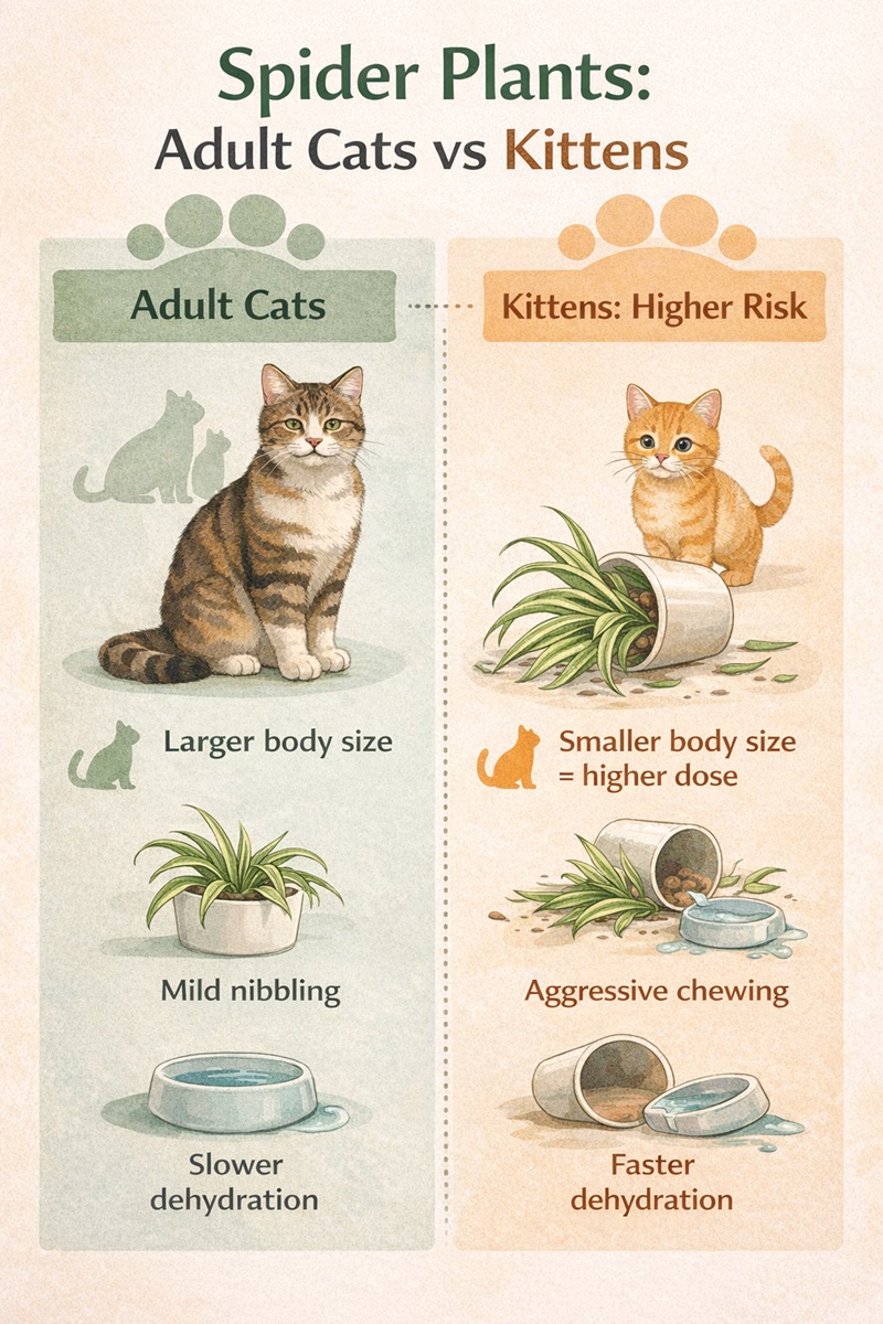 Comparison infographic showing why spider plants pose a higher risk to kittens than adult cats.
