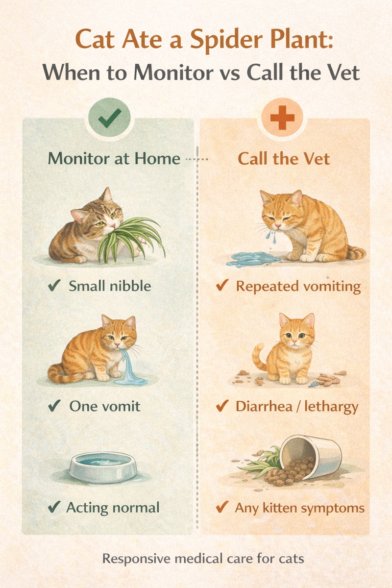 Chart showing when to monitor a cat at home versus when to call a vet after spider plant ingestion.