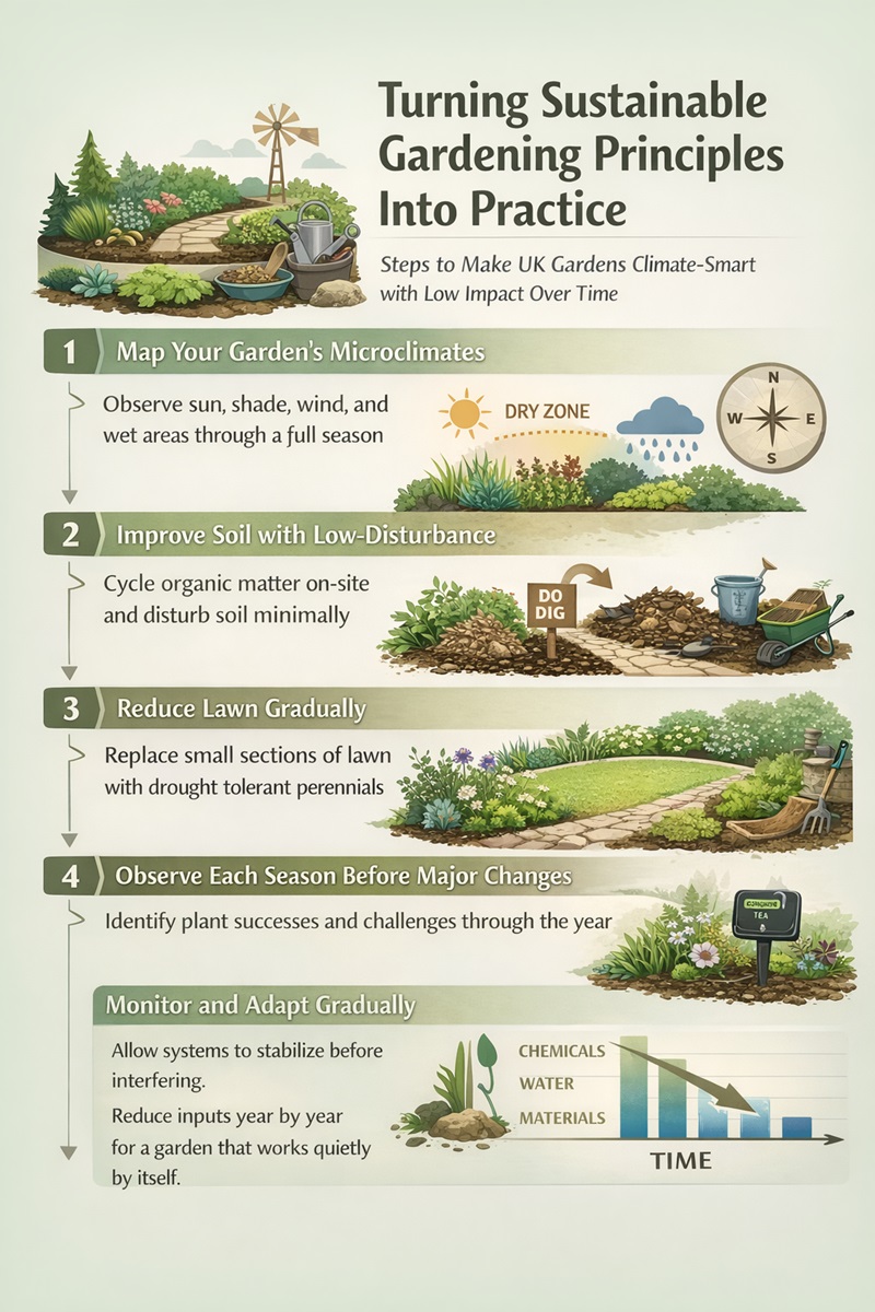 Step-by-step infographic explaining how to apply sustainable gardening principles in the UK, including mapping garden microclimates, improving soil with low-disturbance methods, reducing lawn gradually, and monitoring seasonal changes to reduce water, chemicals, and maintenance over time.