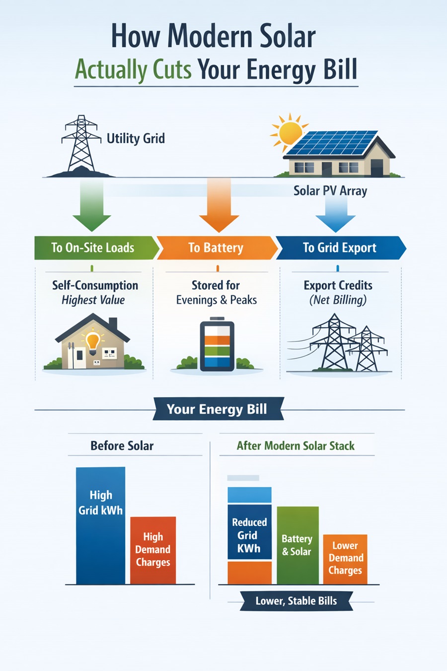 Infographic showing how modern solar systems reduce grid energy use, increase self-consumption, store excess power in batteries, and lower peak demand charges on the utility bill.
