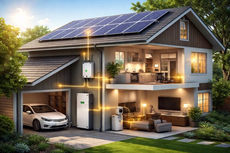 Residential solar power system with rooftop photovoltaic panels, battery storage, inverter, and grid connection supplying electricity to a modern house.