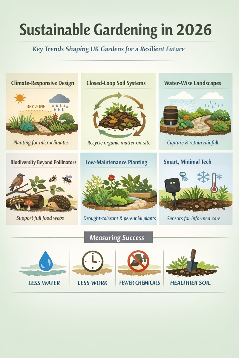 Infographic showing sustainable gardening trends in 2026, including climate-responsive garden design, closed-loop soil systems, water-wise landscapes, biodiversity beyond pollinators, low-maintenance planting, and minimal smart gardening technology for UK gardens.