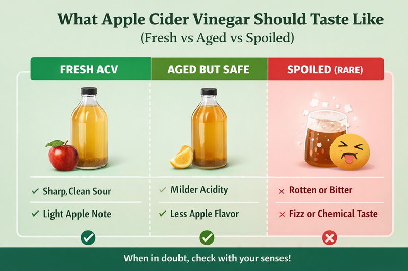 Infographic showing how apple cider vinegar taste differs over time, comparing fresh vinegar with a sharp, clean sour taste and light apple notes, aged but safe vinegar with milder acidity and less apple flavor, and spoiled vinegar with rotten, bitter, fizzy, or chemical taste that should not be consumed.