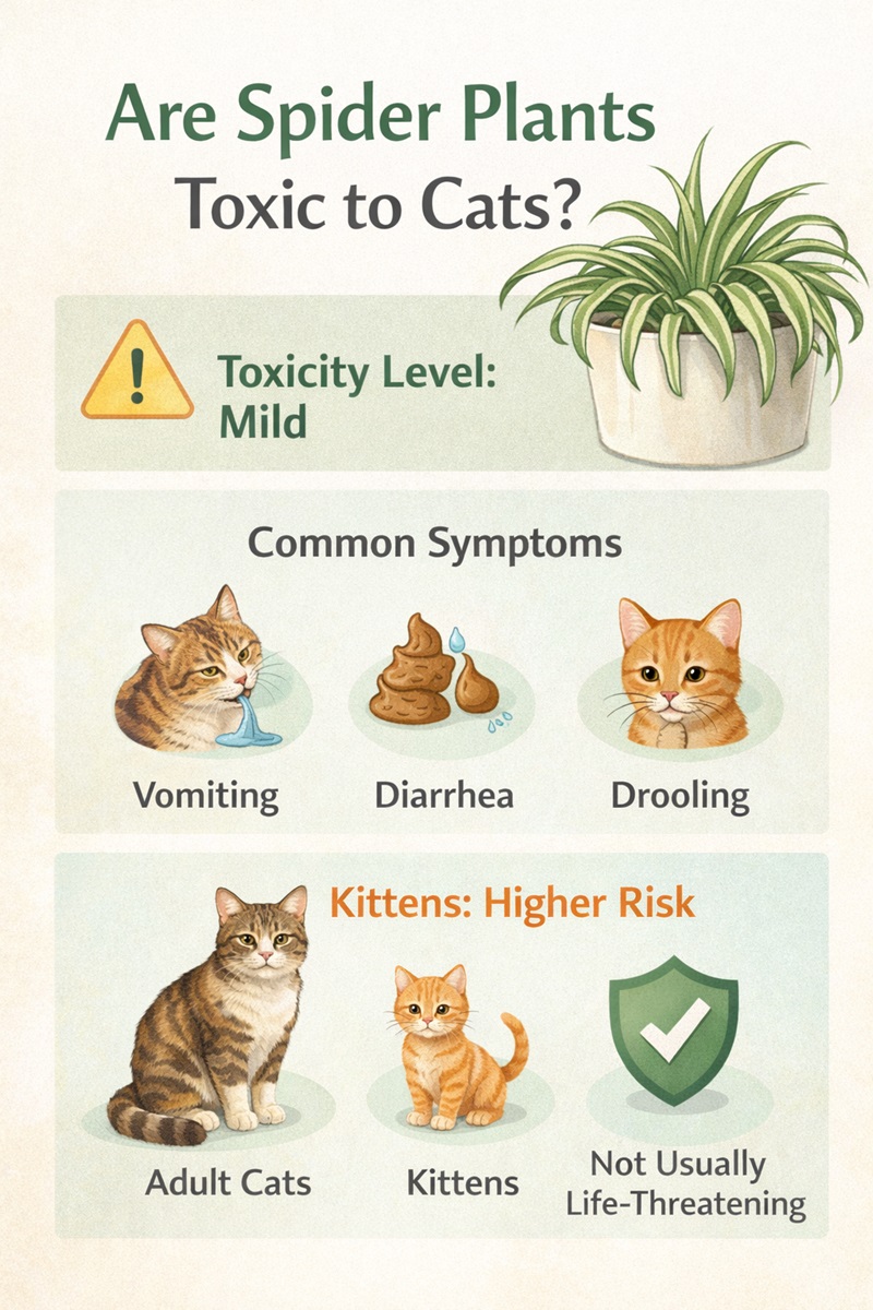 Infographic explaining spider plant toxicity in cats, including mild risk level, symptoms, and kitten sensitivity.